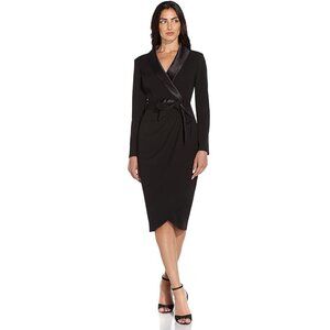 Adrianna Papell Black Satin-Trim Wrap Midi Dress